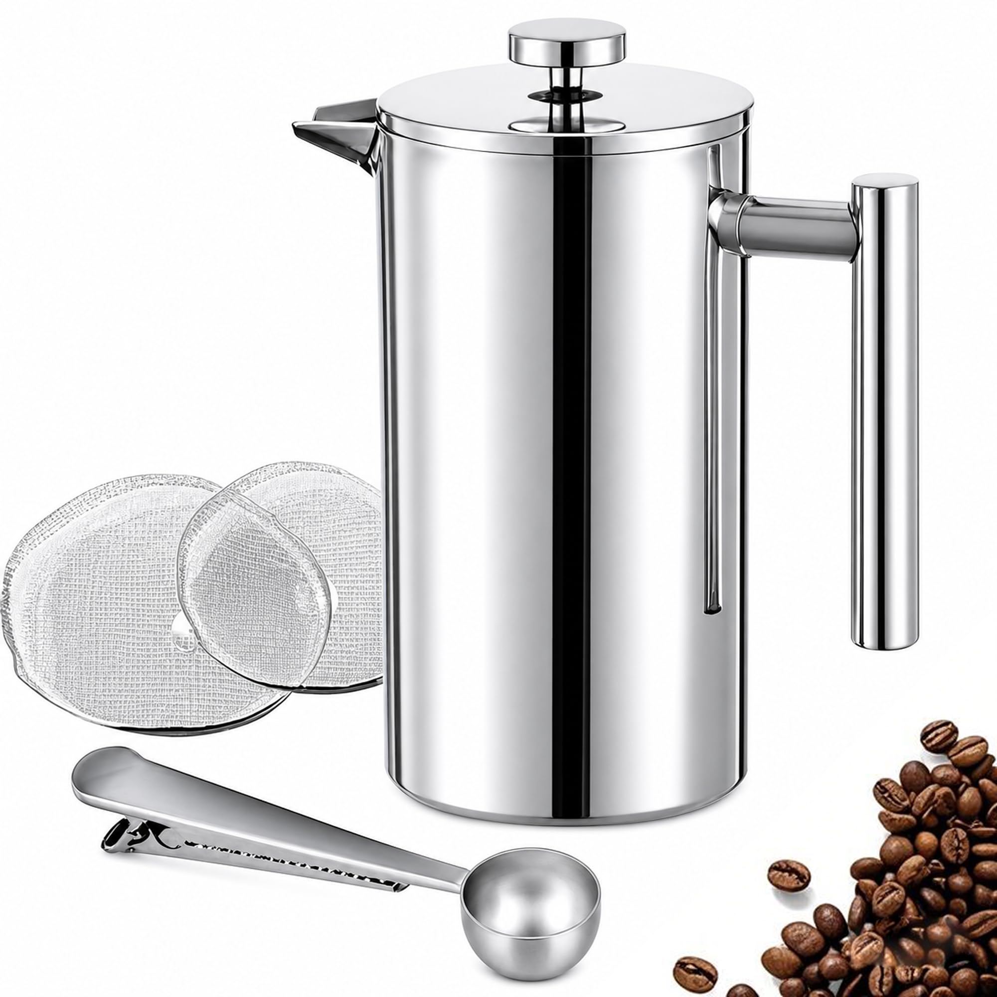12 oz / 350 ml Stainless Steel French Press Coffee Maker, Double-Wall Insulated Small Coffee Press with 2 Extra Filters and Coffee Spoon, Single Serve French Press for Home, Office and Camping