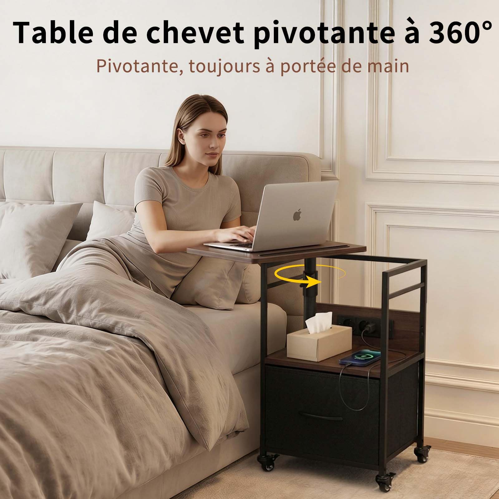 Table de Chevet Connectée à roulettes avec Plateau Pivotant 360° Hauteur Réglable 64-80 cm Prises Intégrées 2AC 220V 2USB 5V 2,1A Grand Rangement Colonne Renforcée Finition Noyer Chaud