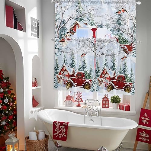 Miniatura 7 de Juego de cortinas navideñas con cenefa y niveles de cocina, 24 pulgadas de largo, color rojo, camión nevado, granja, árbol de Navidad, bolsillo para