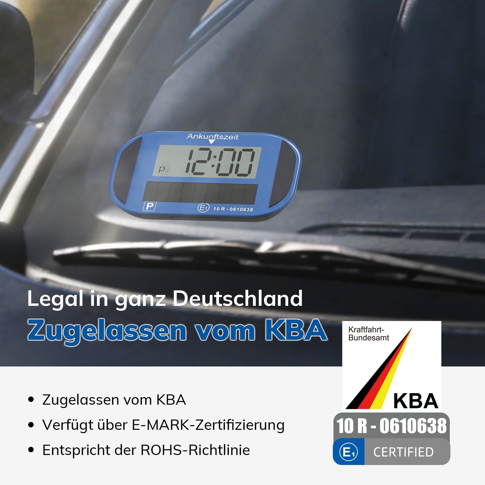 Holiky Solar Elektronische Parkscheibe mit Zulassung vom Kraftfahrt-Bundesamt, elektronische parkscheib mit 2 Displays & vielen Funktionen, Auto Zubehör passend für alle PKW