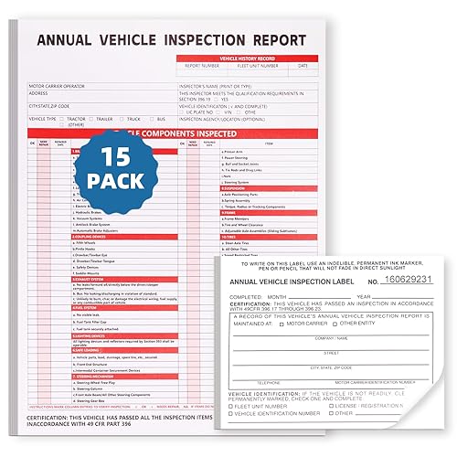 15-Pack Annual Vehicle Inspection Report Form, 3-Ply Carbonless Form and