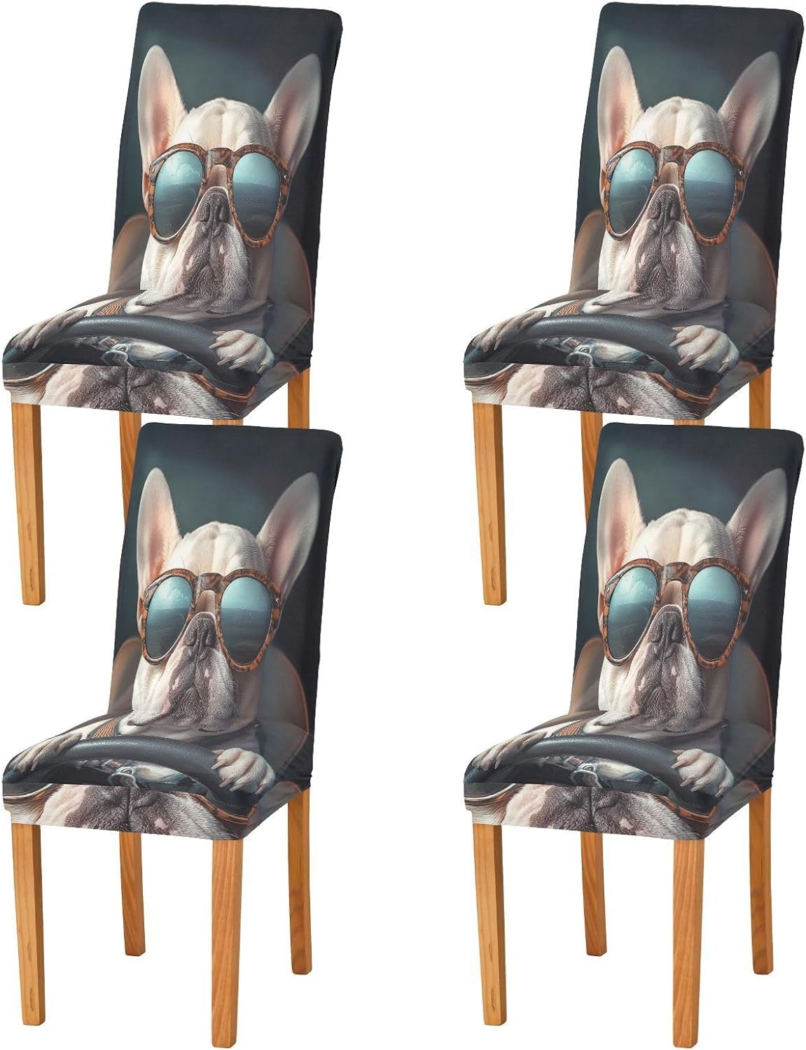ALAZA Chair Covers for Dining Room, French Bulldog in Sunglasses Driving Stretch Chair Cover Sets Chair Protector Removable Washable for Ktichen Restaurant Hotel