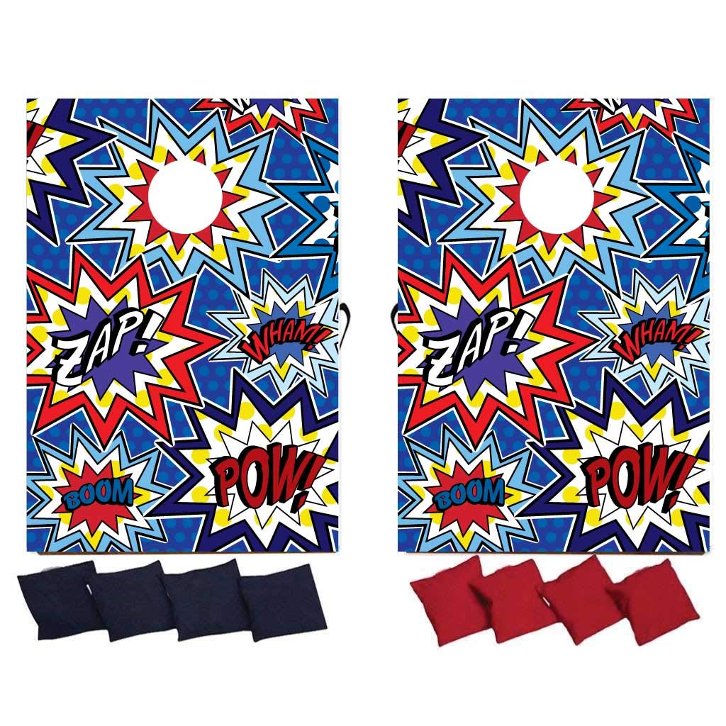 VictoryStore Cornhole Games: Super Hero Pow Bag Toss Game Super Hero Cornhole 8 Bags Included (Red, Blue, Yellow)