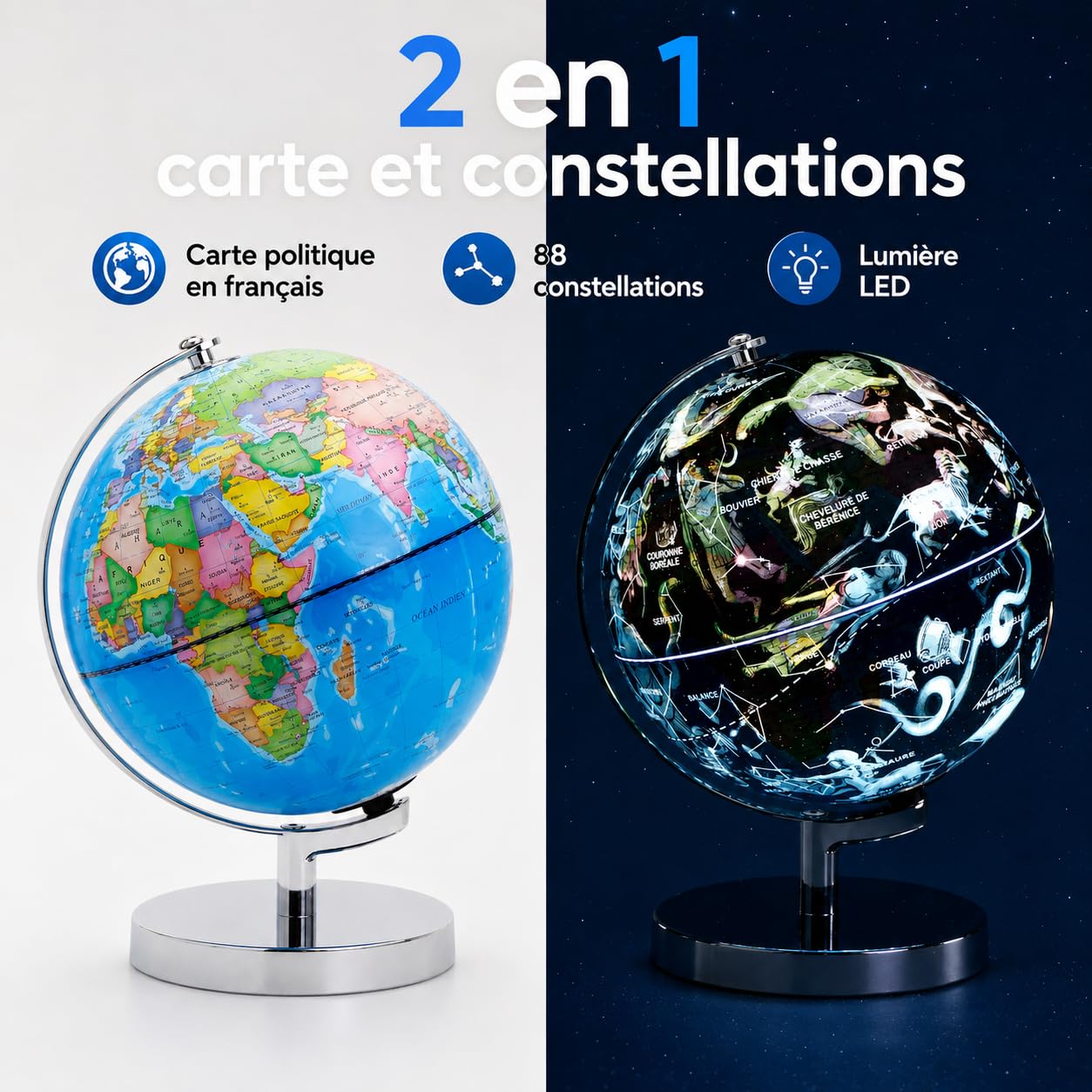 EXERZ Globe Terrestre Lumineux 23 cm Français LED Support Métal | Sans câble avec support métal carte politique jour ciel étoilé nuit pour enfants bureau chambre cadeau