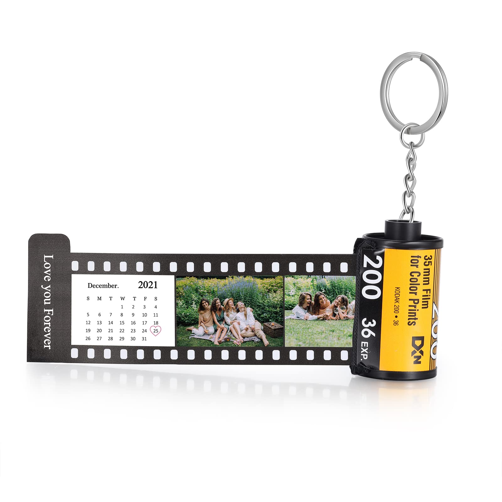 Jewelstruck Llavero personalizado con rollo de película fotográfica, llavero de cámara de fotos personalizado, regalos para novio, pareja, mejor amiga, 19 Fotos+calendario+texto, 47*25mm