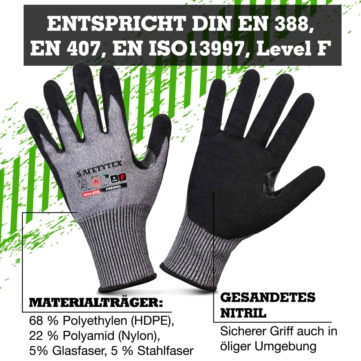 Safetytex Schnittschutzhandschuhe - Schnittfeste Handschuhe Level F - Maximale Sicherheit für Arbeiten mit scharfen Gegenständen - Touchscreen-fähig - Nitrilschaum (Gr.9, 1 Paar)