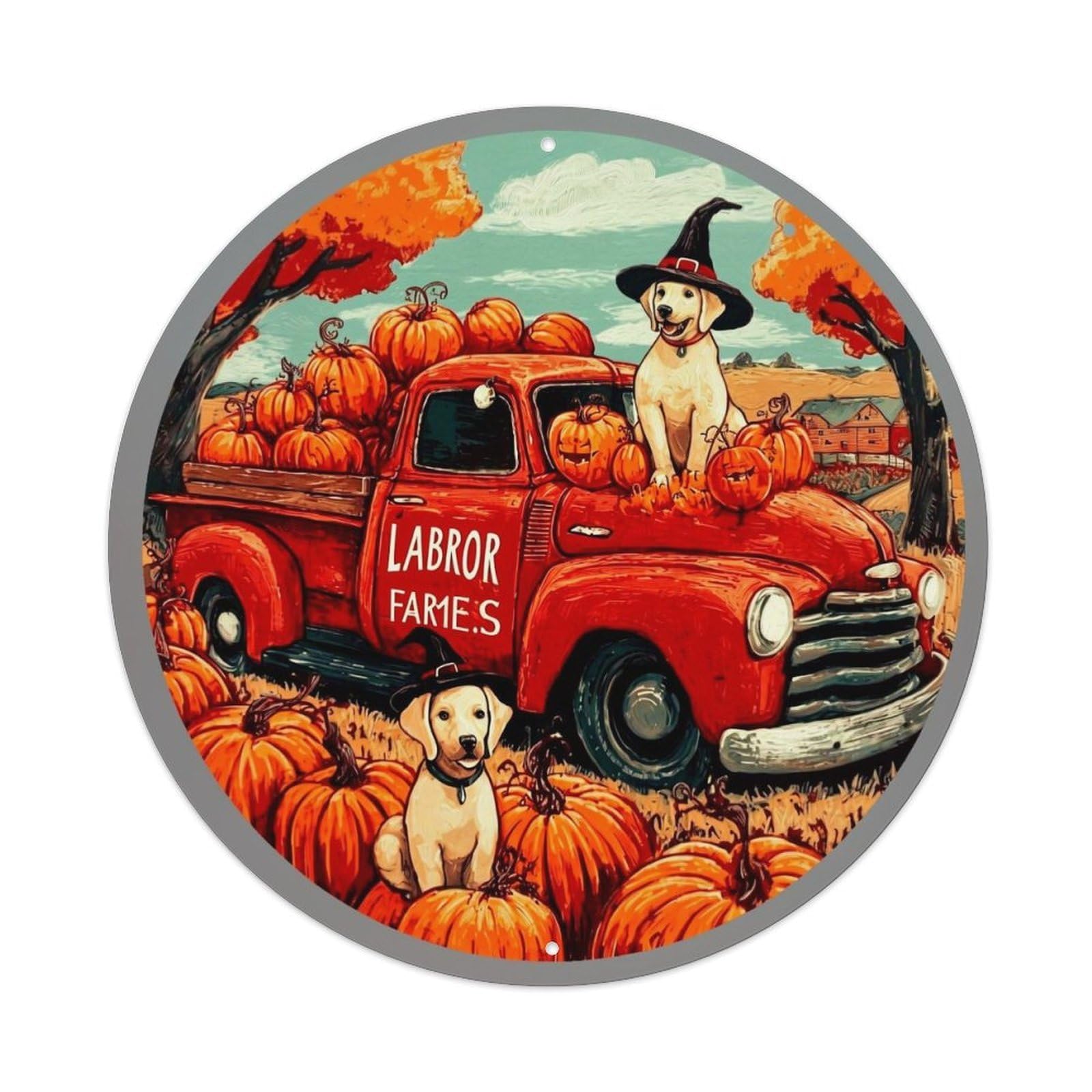 Red Truck Pumpkin Farm Scene Vintage Metal Tin Sign Retro Wall Decor for Home Bar Garage Cafe, Indoor & Outdoor Decorative，circle Metal Poster, 8x8 Inch