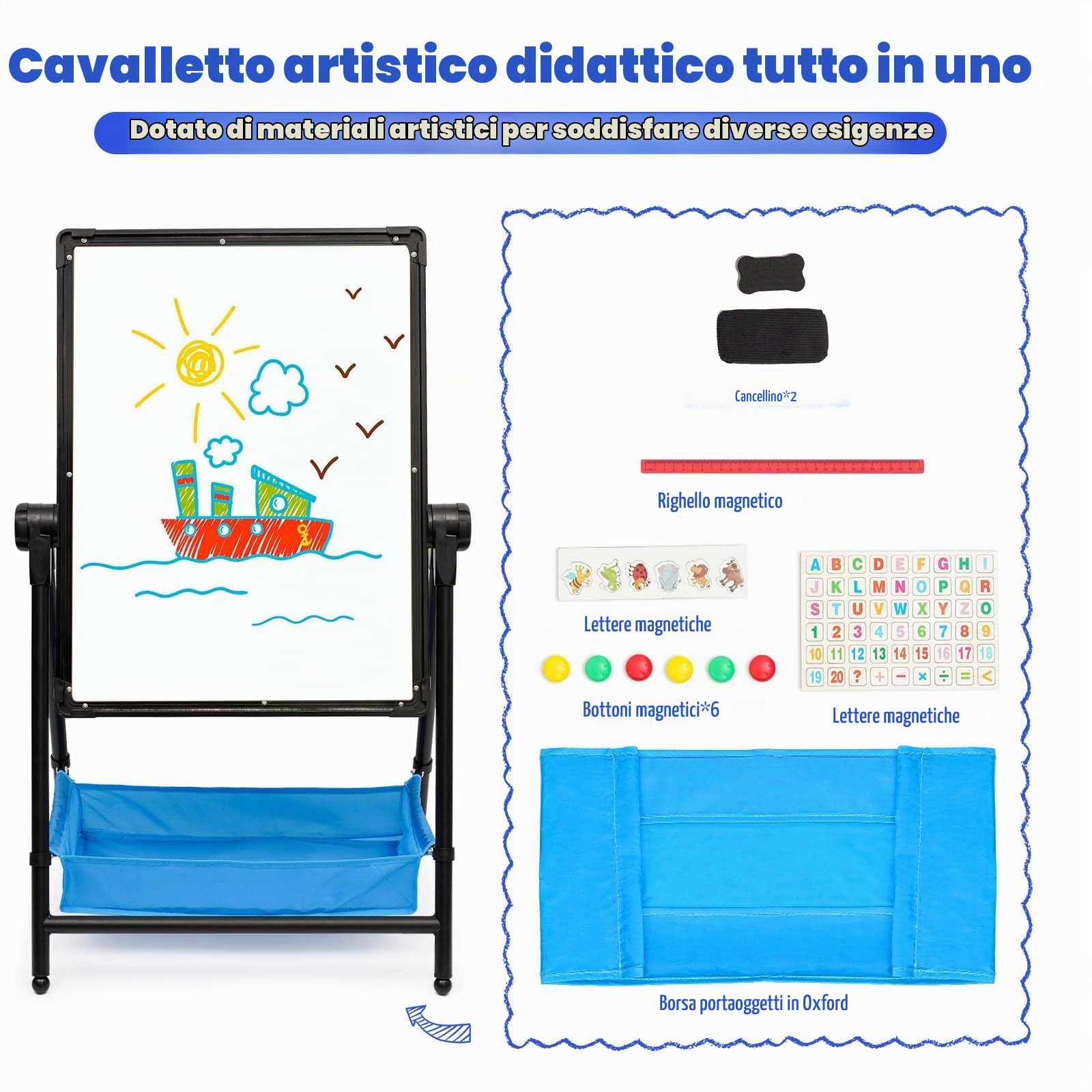 Lavagna per Bambini Cavalletto per Bambini Pieghevole Lavagna Bianca e Lavagna con Sacchetto di Stoccaggio, Regolabile in Altezza e Girevole a 360 ° (Nero)