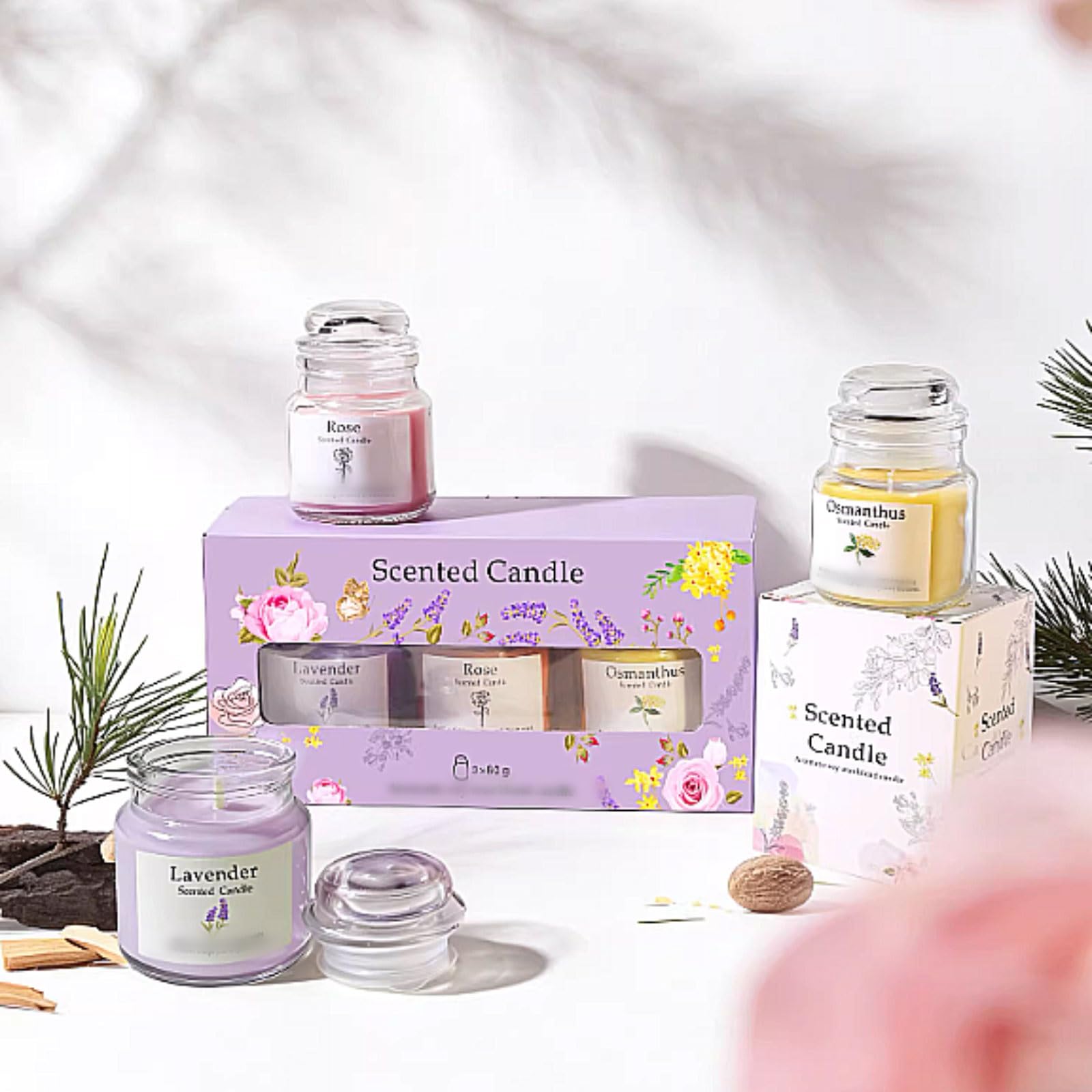 Set di 3 candele in vetro alla lavanda, rosa e osmanto, moderne candele profumate riutilizzabili for la casa, le vacanze, il relax e la spa