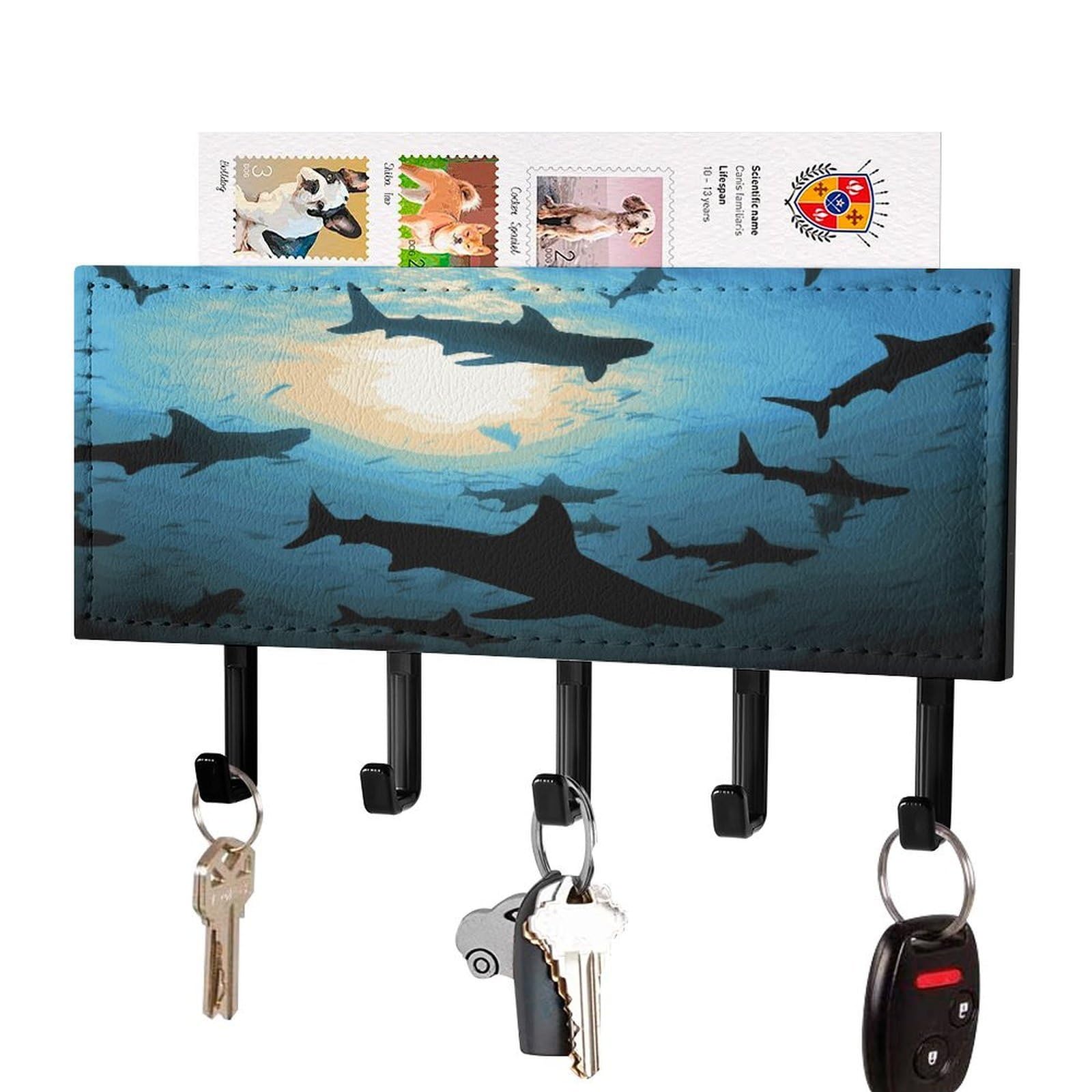 FekiLoot Hammerhead Sharks Key Holder Wall Mount Key Hooks for Wall Decorative with 5 Hooks PU Mail Rack Organizer with Shelf for Entryway Mudroom Hallway Office 7.1X4.3 in