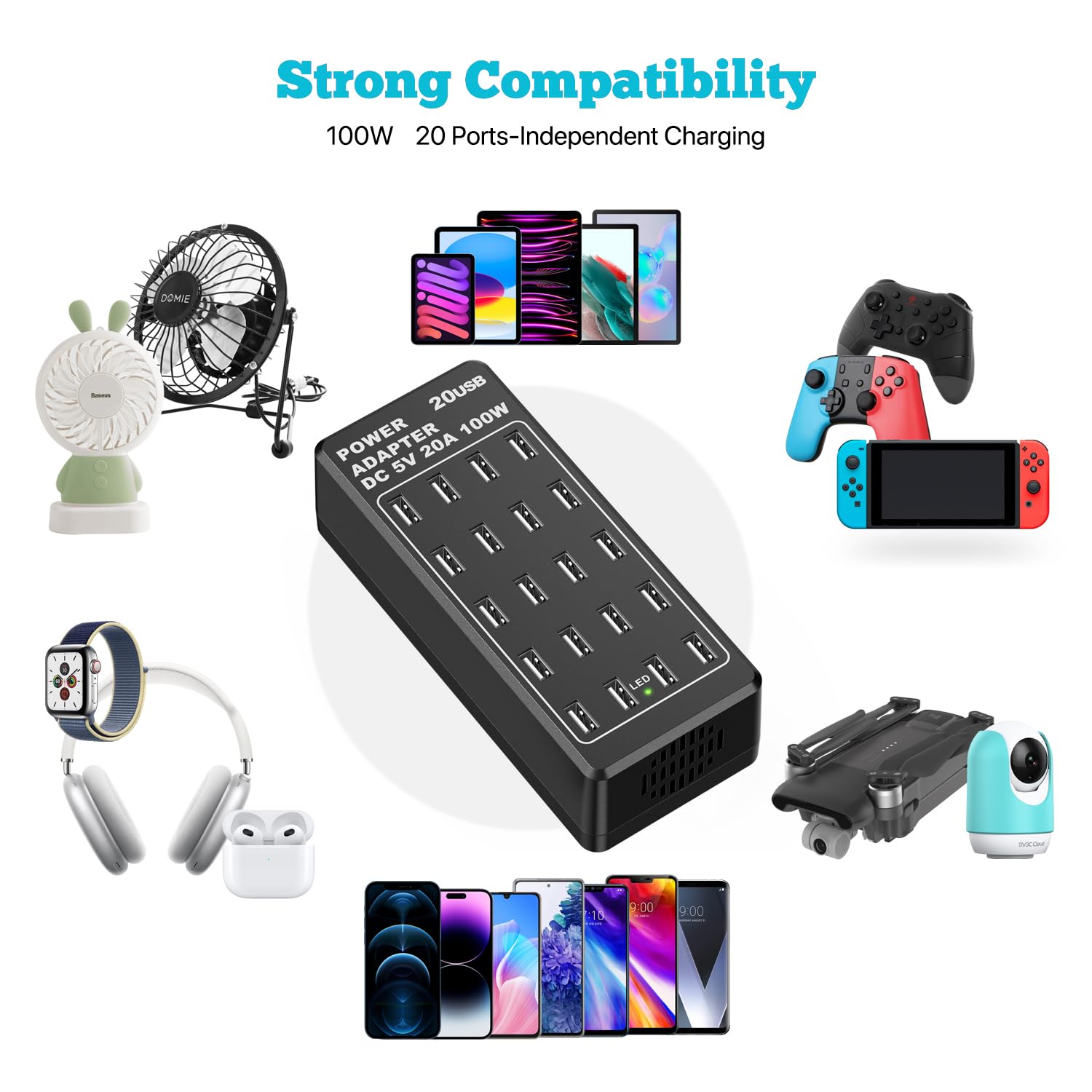 Caricatore USB, stazione di ricarica USB-A da tavolo a 20 porte, caricatore intelligente usb multifunzione da 100 W, compatible con iPhone 11/12/13/14/15/Samsung S22/S23/S24/Google Pixel/iPad/tablet