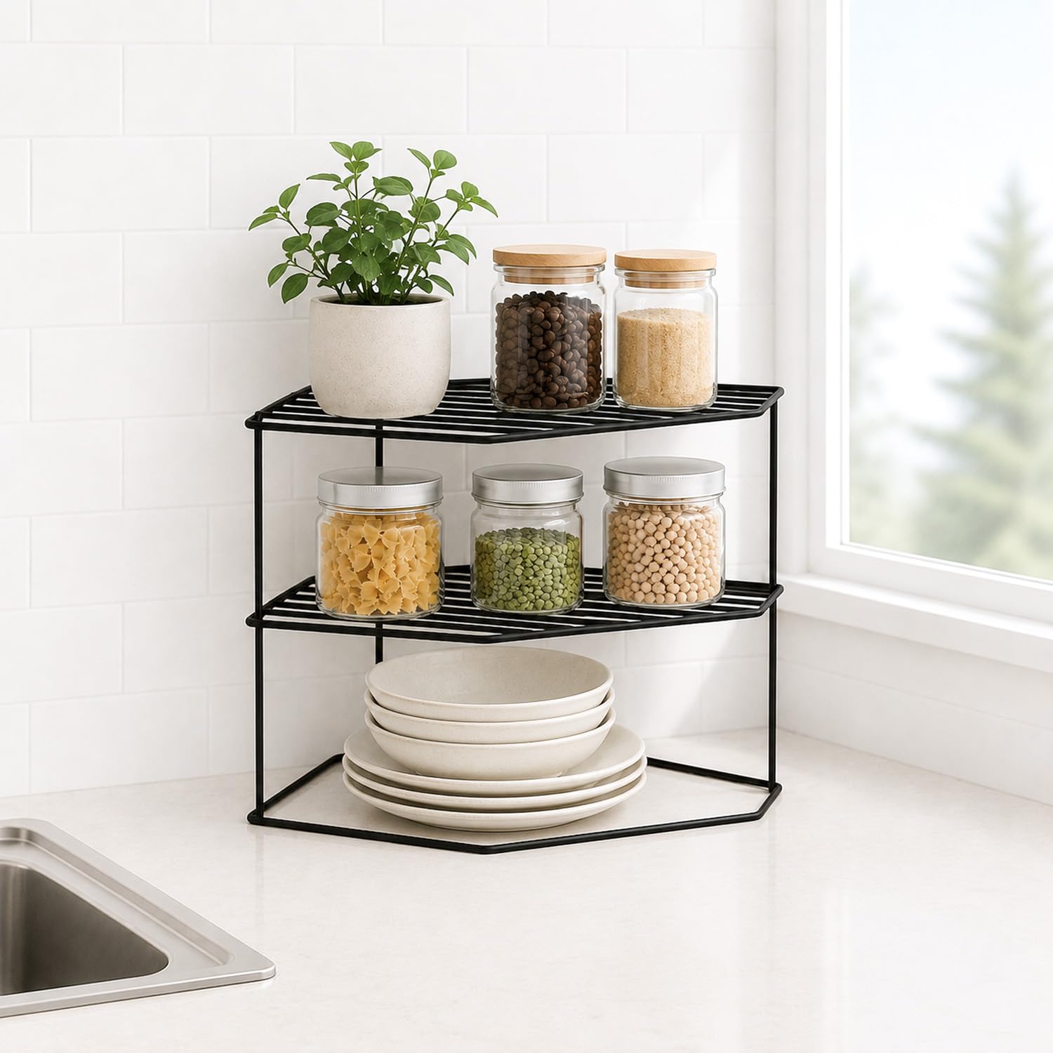 WonderStand KONA - Scaffale angolare in acciaio GI a 3 livelli: una soluzione versatile per organizzare piatti e piatti da cucina (nero)