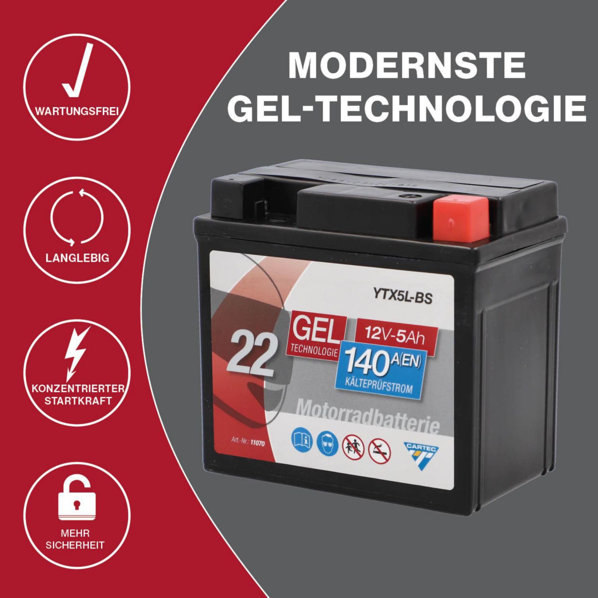 CARTEC Akumulator motocyklowy YTX5L-BS, 5 Ah, 140 A, technologia żelowa, jakość OEM, odporny na cykl, możliwość przechowywania, bezobsługowy, czarny