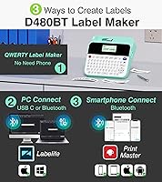 Vista 2 de D480BT 18mm Label Maker Machine with Tape Bundle with 4PK Label Extra Strength Tapes(Black on Yellow), QWERTY Keyboard Labeler with Backlit LCD