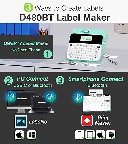 Miniatura 2 de Vixic D480BT 18mm Label Maker Machine with Tape Bundle with 4PK Label Extra Strength Tapes(Black on Yellow), QWERTY Keyboard Labeler with Backlit