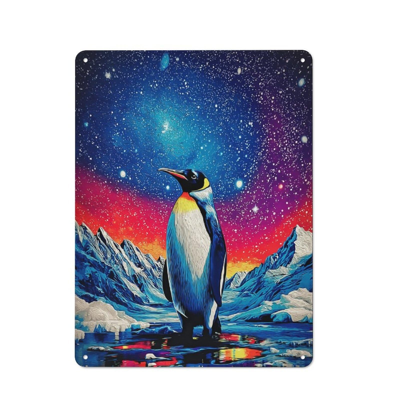 Penguin in Cosmic Landscape -3 Retro Metal Sign 40x30cm, Garage Style Shed Wall Plaque for Garage, Hobby Room, Office Or Man Cave