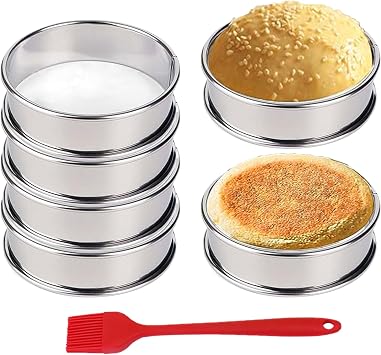 HLMOptimo English Muffin Rings, Stainless Steel Crumpet Rings, 4 inch 6 Pcs Nonstick Metal Round Ring Molds with Silicone Oil Brush