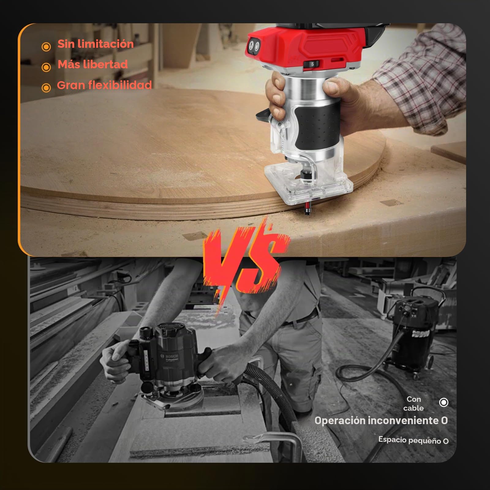 Fresadora con batería compatible con batería Milwaukee de 18 V, 800 W sin escobillas, router con 5 marchas, 30000 rpm, 5 unidades de 1/4 de cuello ranurado para carpintería, corte (sin batería)