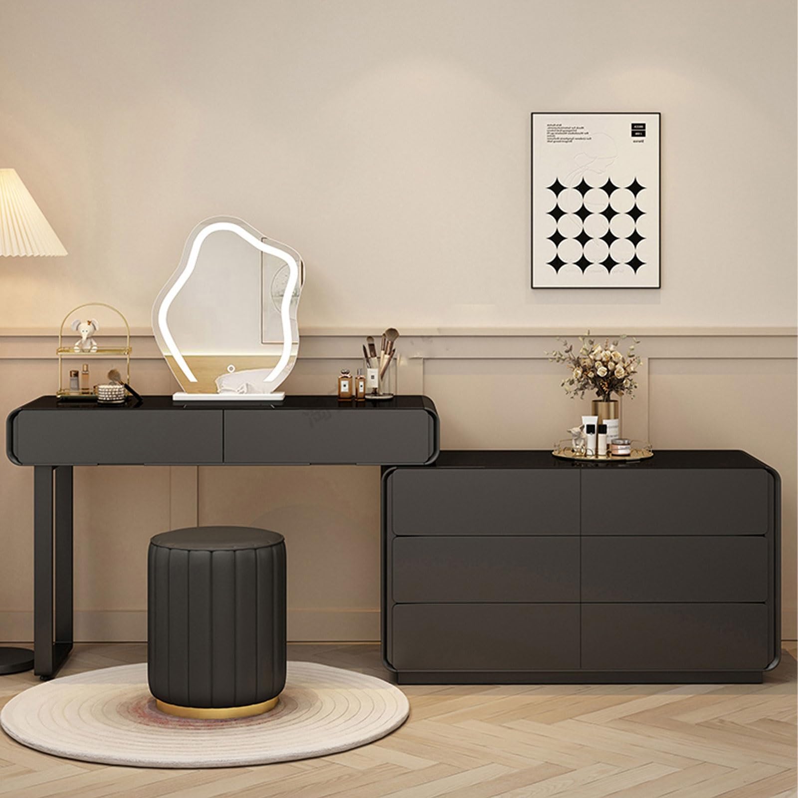 DRemdo Premium Vanity Table - Luxury Vanity Table Mirror and LED Lights, Bedroom Makeup Vanity Include 8 Drawers & Leather Wrapping, compartmentalized Storage Drawers.(Black,80cm/31.5in)