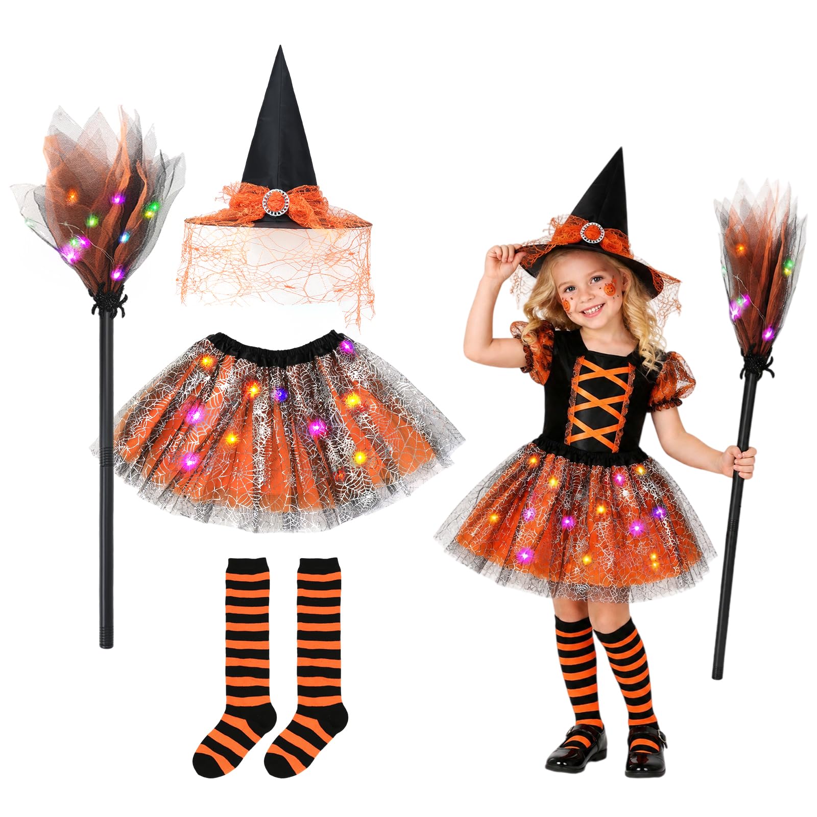Meleager Disfraz Bruja Niña — Disfraz Halloween Bruja con LED Falda de