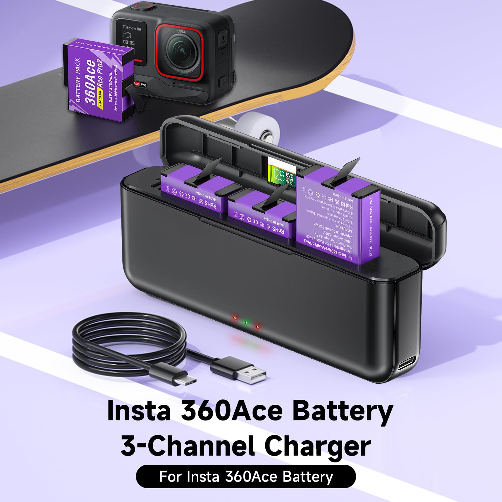 CITYORK Caricatore a 3 Slot Con Display LED e Cavo USB Compatibile con .Insta-360. Ace/Ace Pro/Ace Pro 2, Batteria di Ricambio per.Insta-360. Ace/Ace Pro Fotocamera Sportiva Accessori (Batteria Non