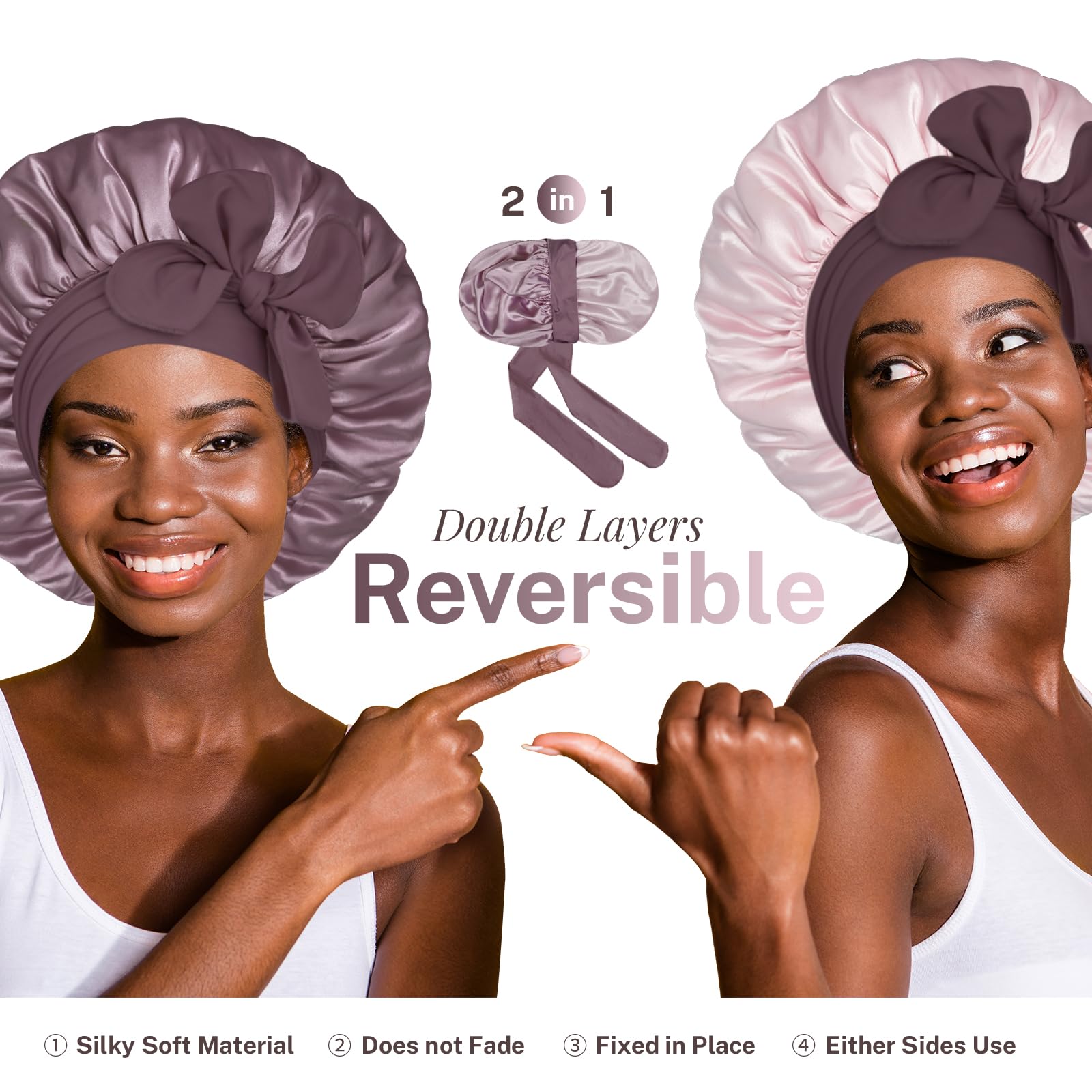 BONNET QUEEN Reversible Satin Bonnet for Sleeping Adjustable Silk Hair Cap for Women Night Head Wrap for Curly Long Braid Tresse Wigs, Light Purple and Pink - Image 2
