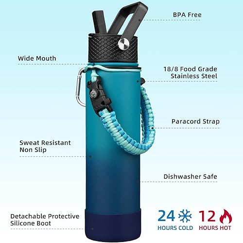 Miniatura 2 de BJPKPK Botellas de agua aisladas de 27 onzas con 3 tapas, mango de cuerda de paracaídas y funda antideslizante, botella de agua de metal de acero