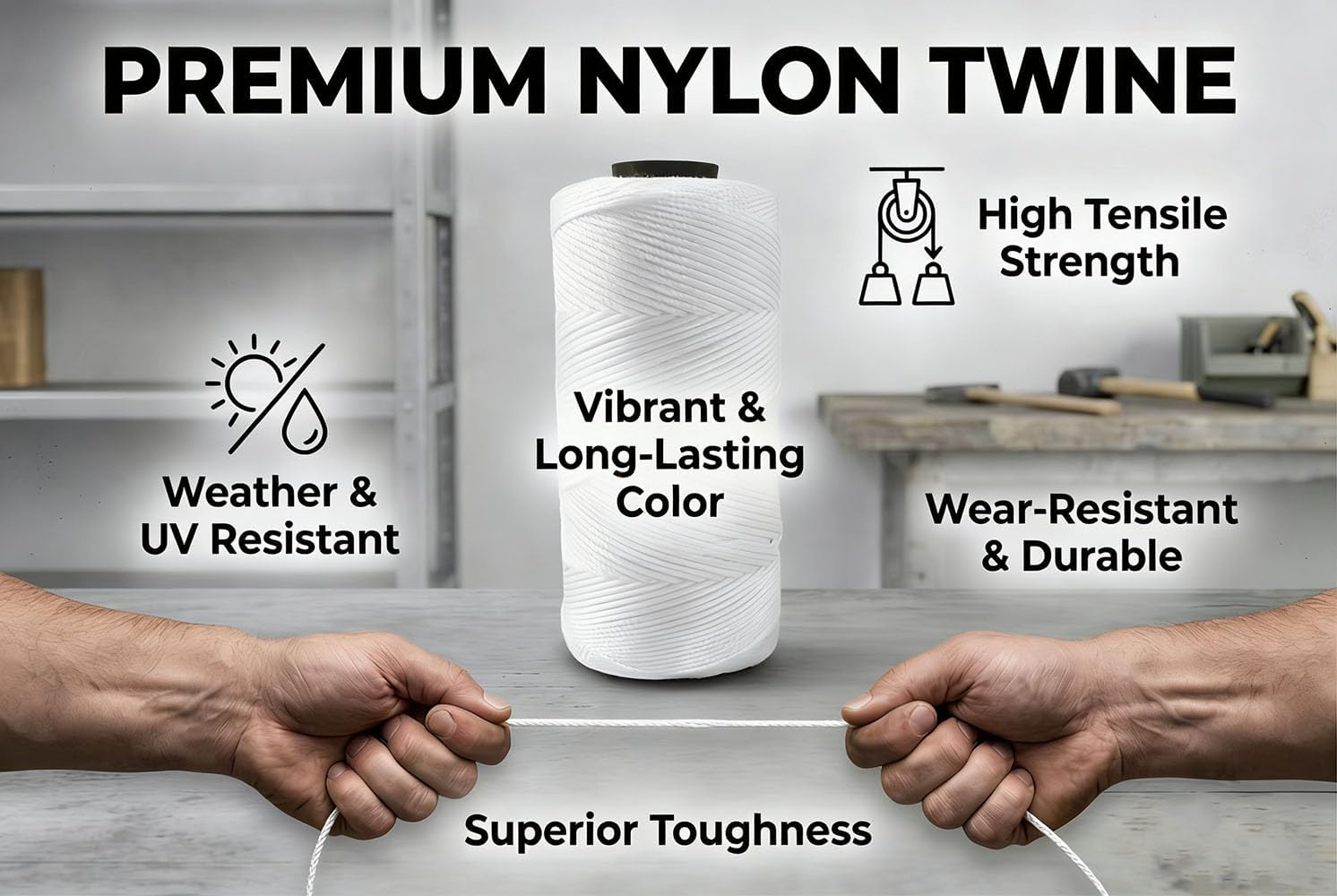 High Strength Mason Nylon String Line, 1.3mm Diameter, 1000 Ft, White, with 9.8 Foot Long Steel Tape Measure for Construction