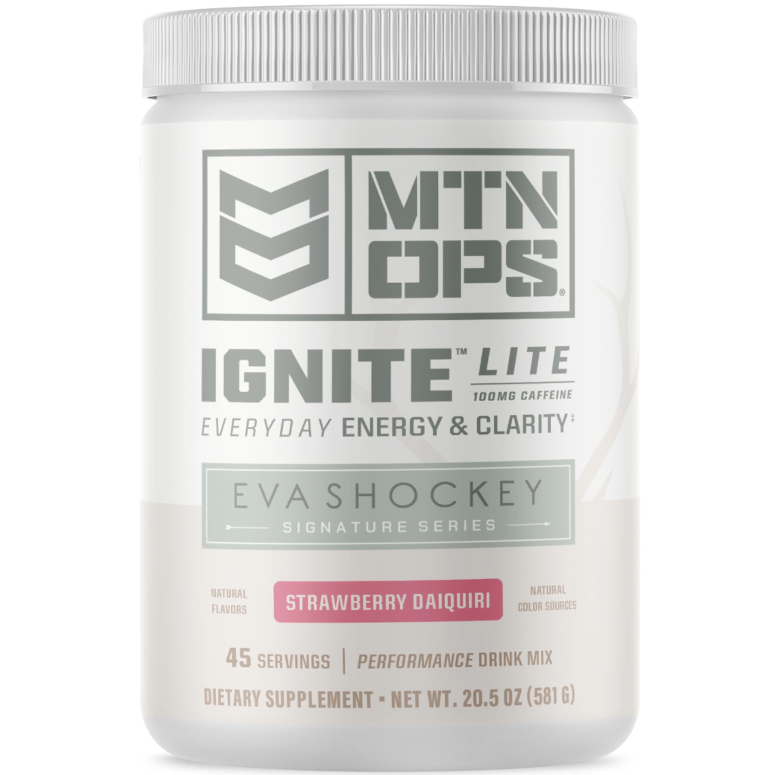 MTN OPS Ignite Lite Energy Drink Powder Gluten Free Nitric Oxide Supplement Drink Mix, L Arginine, L Citrulline, Caffeine & Nootropic Sugar Free Drink Mix, 45 Servings, Strawberry Daiquiri Flavor by Eva Shockey