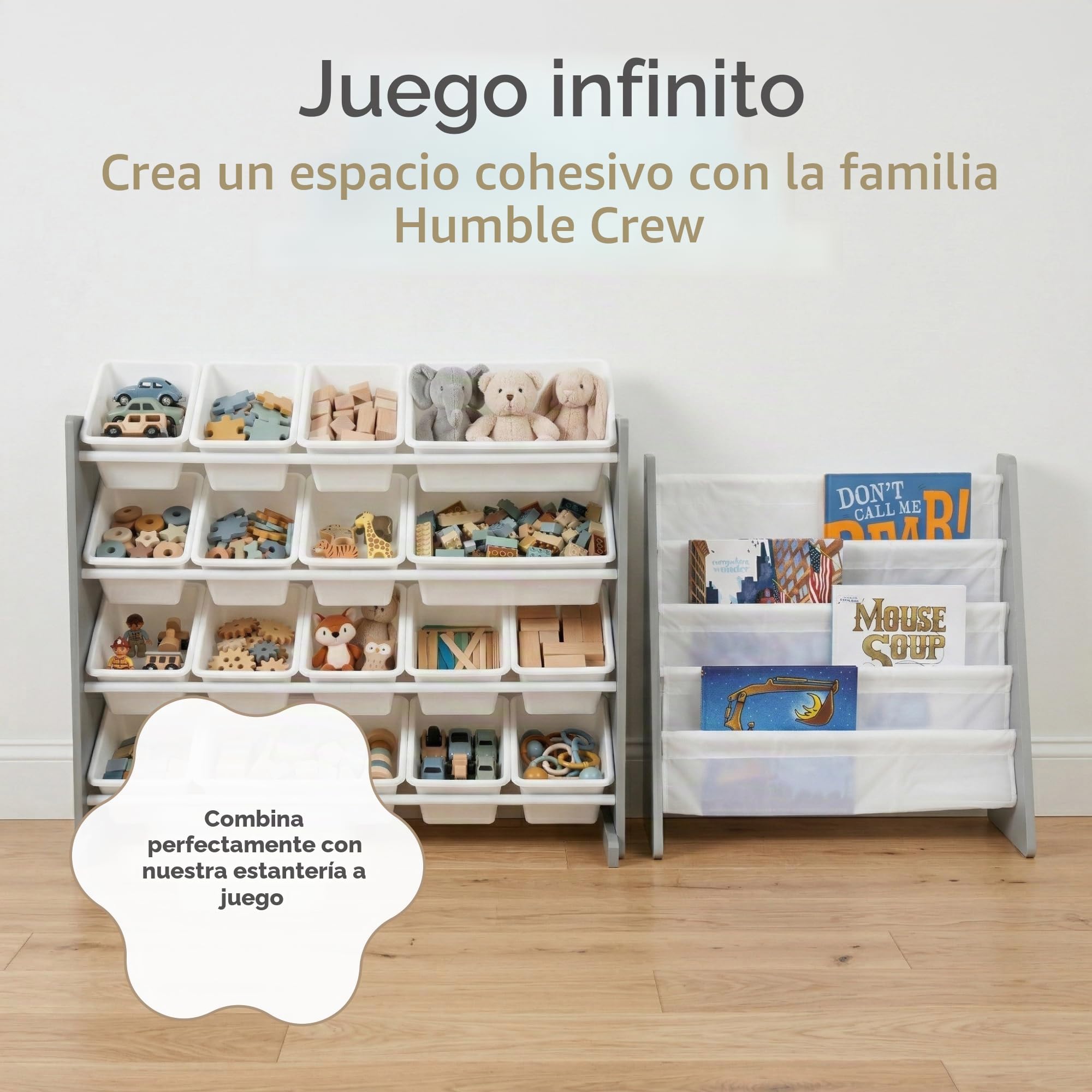 Humble Crew estantería Infantil Gris/Blanco: 16 Cajas Almacenamiento, Madera, Organiza Juguetes, Segura, Moderna, fácil Montaje