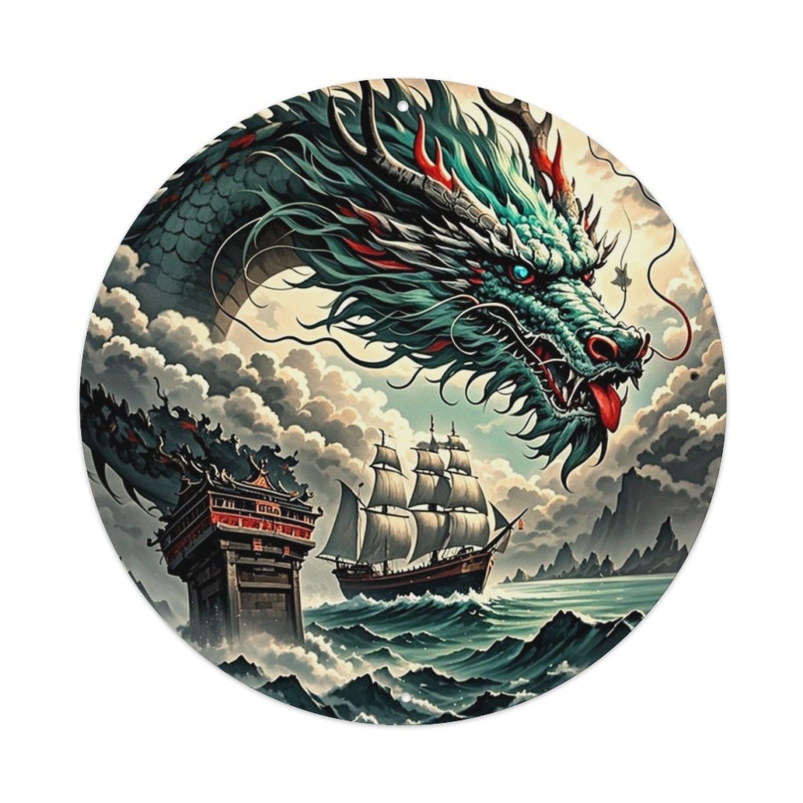 Dragon Clouds Ship Temple Waves Tin Sign Metal Poster Vintage Metal Signs for Home Man Cave Bar Cafe Kitchen laundry room Wall Decorations Gift 8x8Inch