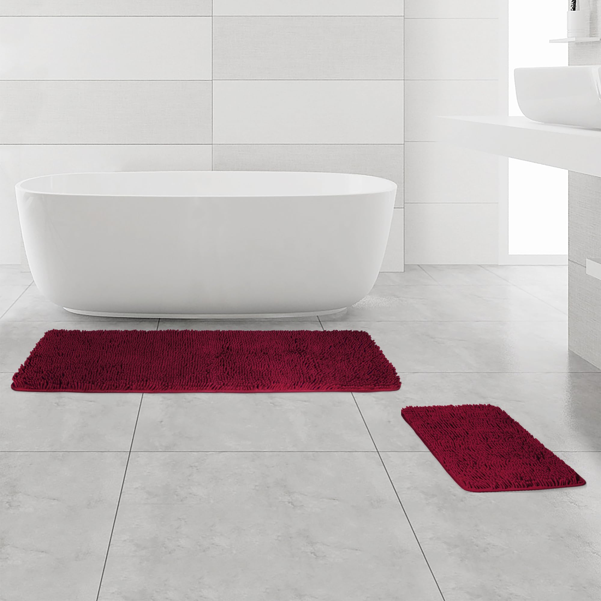 Yeaban Bathroom Rugs Sets 2 Piece – Thick Chenille Bath Mats | Absorbent and Washable Bath Rug Non-Slip, Soft Rugs for Bathroom, Shower, Sink(17" x 24"+17" x 47", Burgundy)