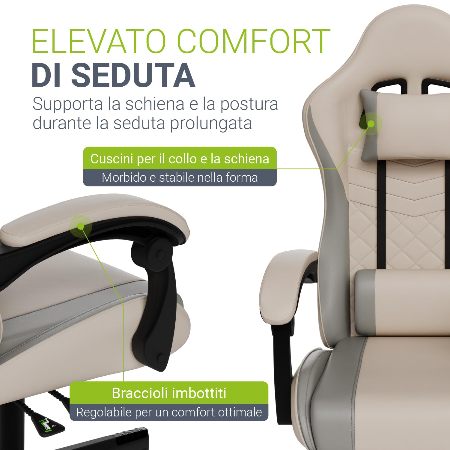 Juskys Sedia da gaming HyperSeat – Regolabile in altezza, schienale reclinabile e braccioli imbottiti, similpelle, ergonomica e resistente – Beige/grigio chiaro