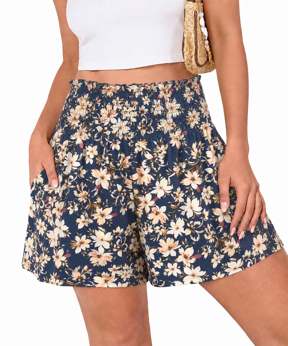 Short Femme Été Décontracté Taille Haute Elastique Floral Imprimé Plage Pantalon Court Chic Larges Shorts Et Bermudas avec Poche