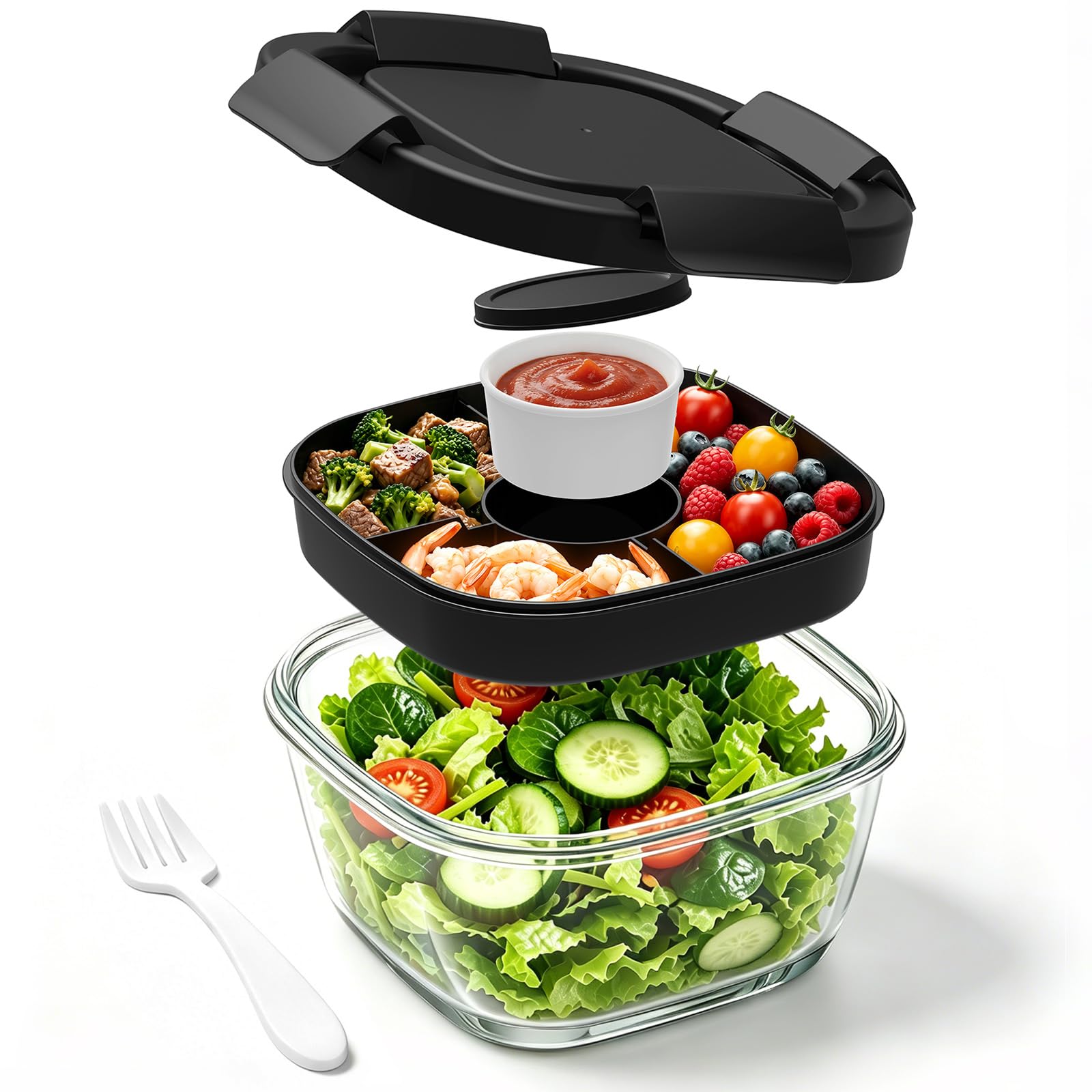 Photo 1 of BiuLeon 56 oz Glass Salad Container with 4-Compartment Tray