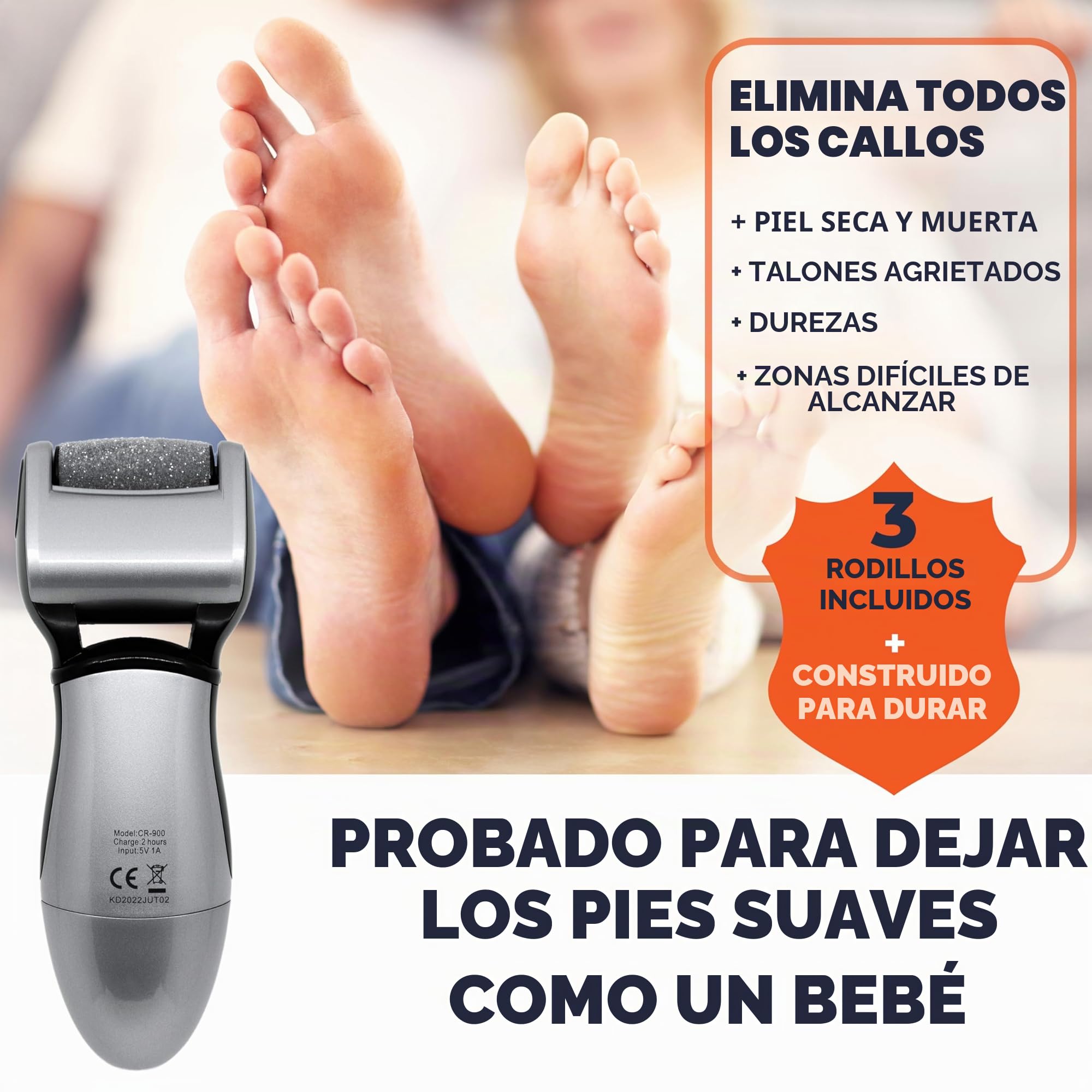 Lima-Electrónica para el Cuidado de los Pies de Hombres Own Harmony - Profesional y Poderoso - Recargables Aparato de Pedicura Eléctrico con 3 Diamond Rodillos - Elimina Piel Seca y Endurecida