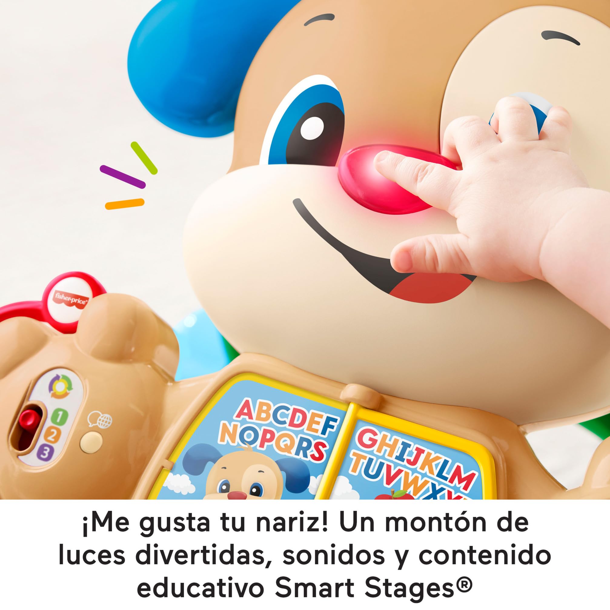 Fisher-Price Ríe y aprende Andador perrito primeros pasos, correpasillos con luces y sonidos, juguete de aprendizaje para bebé +6 meses, versión español + portugués + italiano + inglés (HWD62)