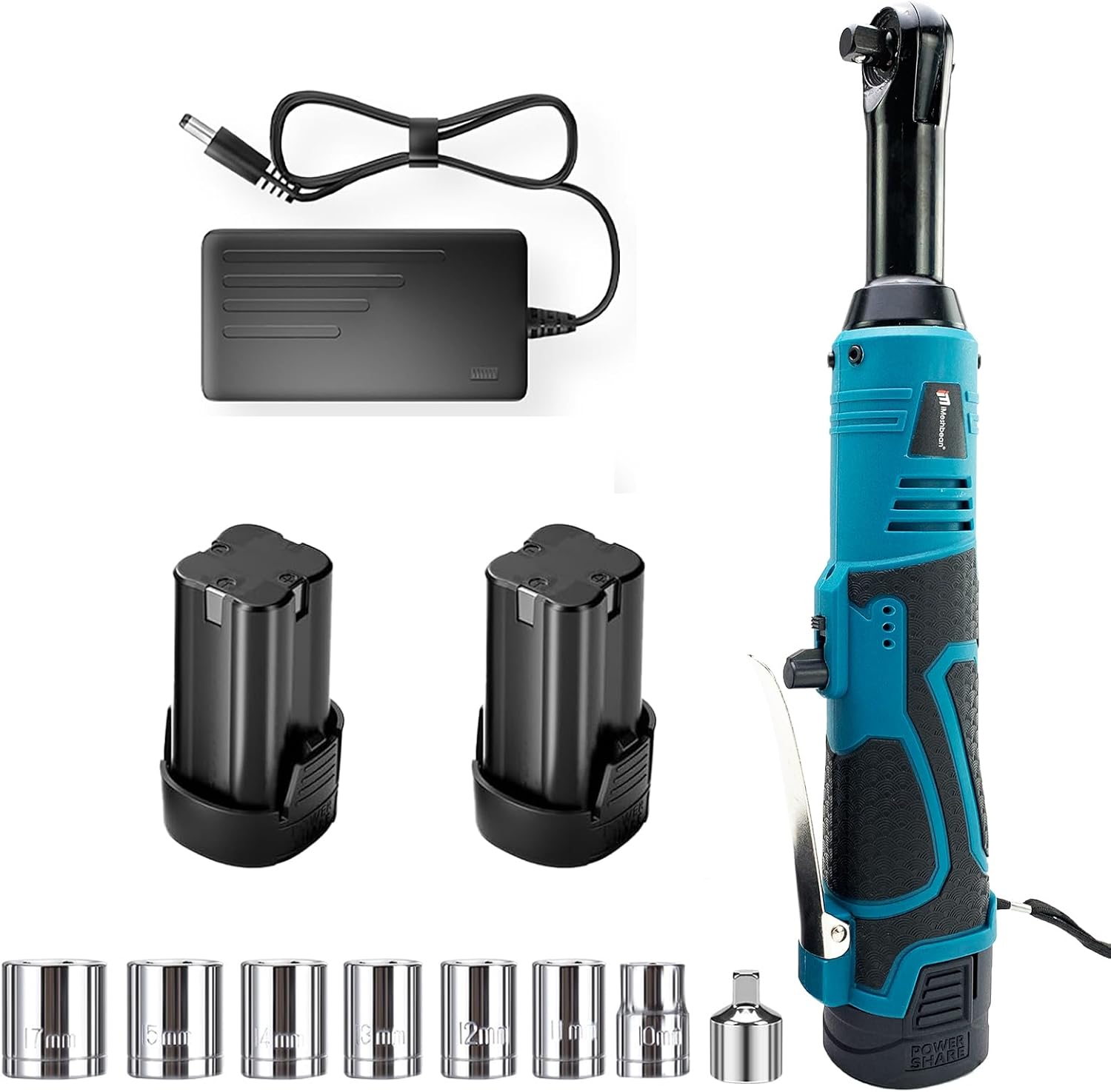 18V Extended Cordless Ratchet Wrench,59 ft-lbs (80 N.m) 550 RPM 3/8" Power Ratchet Wrench,Variable Speed Trigger,2pcs Lithium-Lon Batteries and 7pcs Sockets for Car Motor Auto Repairing (Bule)