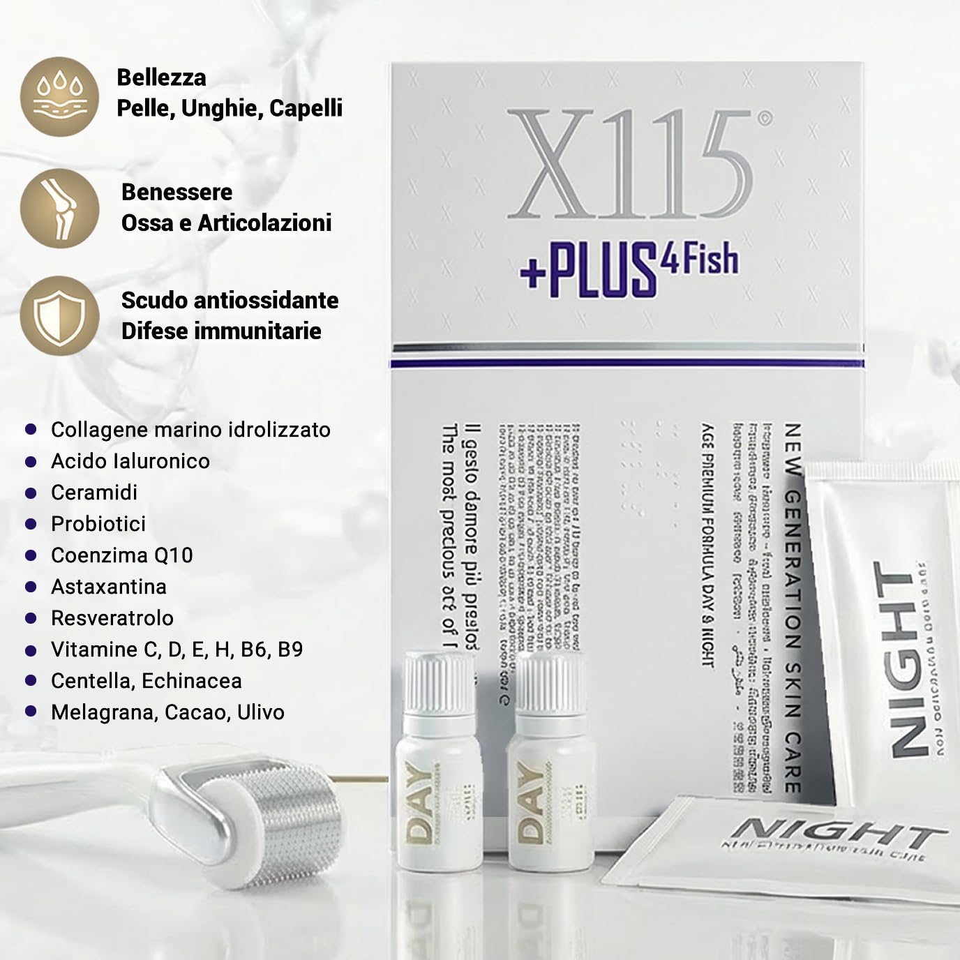 X115+PLUS 4 FISH | Collagene + Acido Ialuronico | Integratore per la Pelle Con Ceramidi, Probiotici, Polifenoli, Vitamine e Antiossidanti | Doppia formula Day & Night | 15 Flaconcini + 15 Bustine