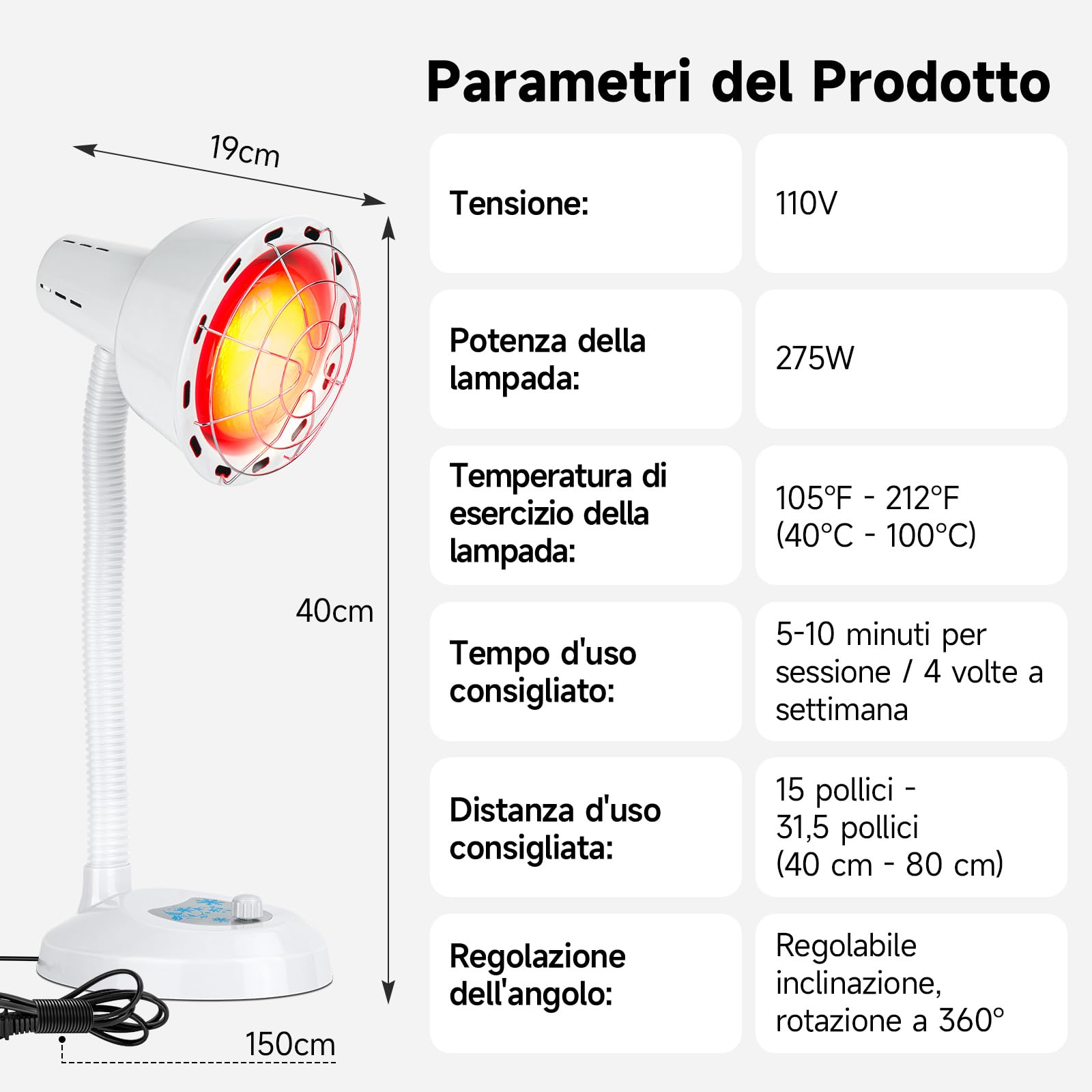 Lampada riscaldante a luce rossa da 275 W, lampada da tavolo dotata di tubo flessibile a 360° e griglia di protezione, con regolazione della temperatura: la scelta ideale per rilassarsi a casa