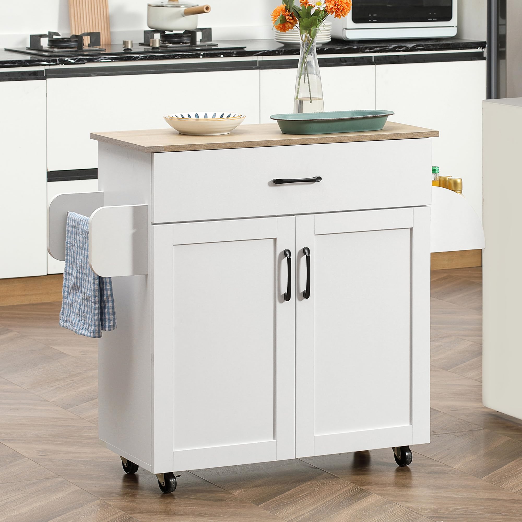 HOMCOM Isla de Cocina con Ruedas, Carrito de Cocina con Cajón, 2 Puertas, Toallero y Especiero, Estante Ajustable, para Comedor, 105x36x85 cm, Blanco