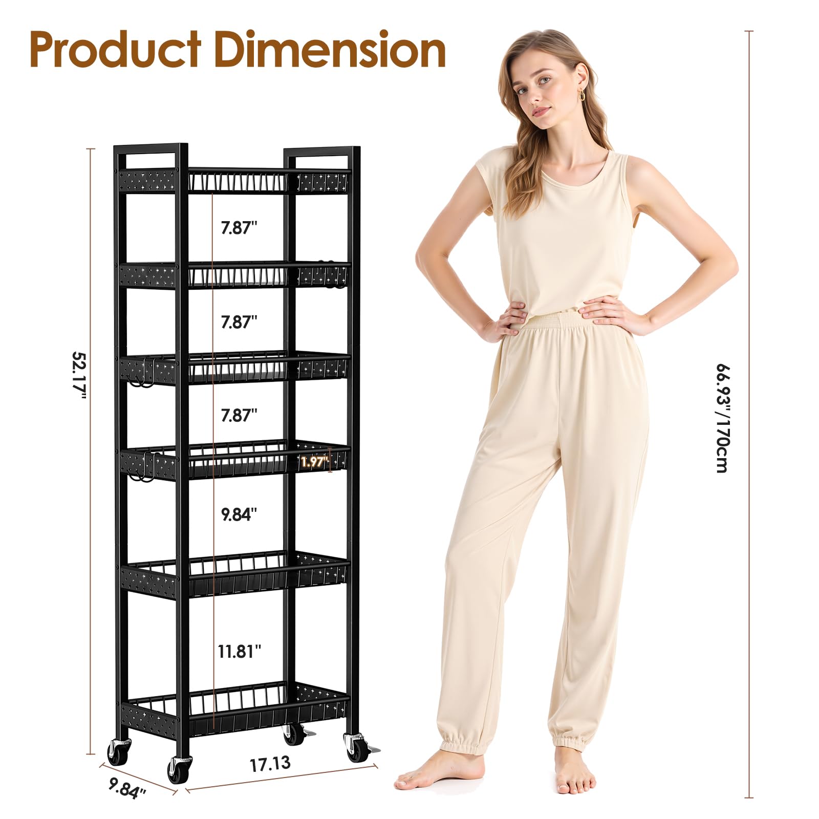 Carrello Portaoggetti Sottile, Carrello a 6 Ripiani con Ruote, Scaffalatura Sottile Mobile Multiuso per Cucina, Bagno, Lavanderia, Soggiorno, Spazi Ristretti, 9,84 pollici (L)