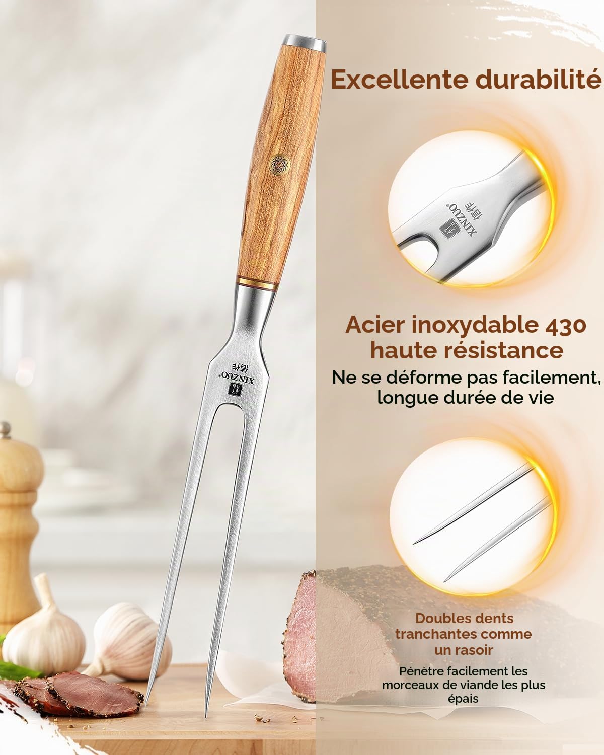 XINZUO 29.7cm Fourchette à Viande 430 Acier Inoxydable Fourchette à Découper, Chef Multifonctionnel Professionnel Barbecue Fourchette -Poignée en Bois d'Olivier -avec Boîte cadeau Exquise