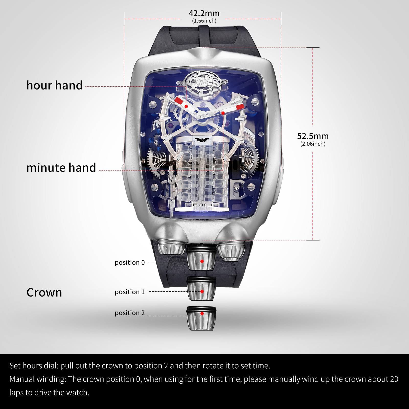 FEICE FM666 Orologio Uomo Scheletro Grande Cassa Orologio Meccanico Orologio Automatico da Uomo Nero