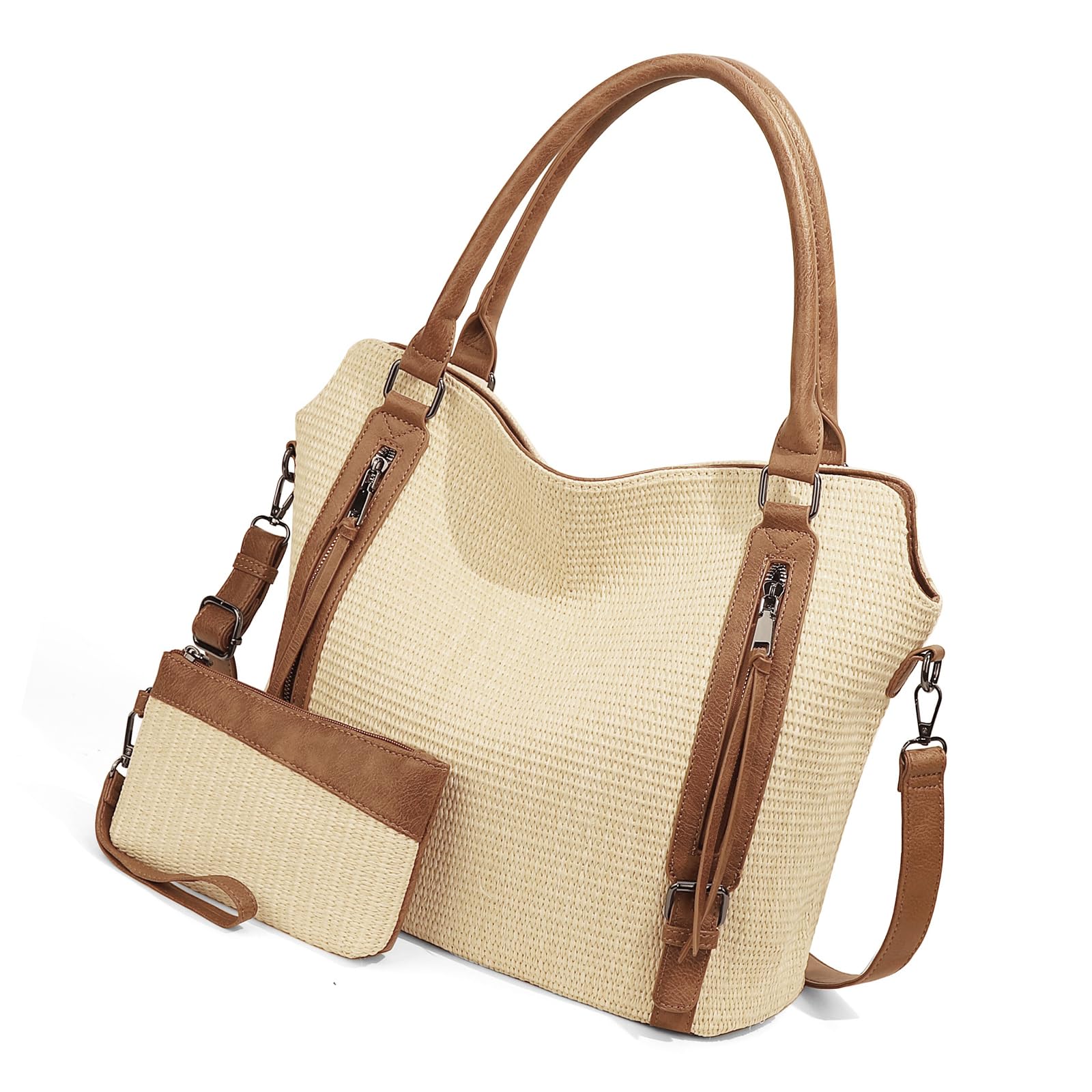 Borsa in paglia intrecciata con tracolla regolabile e tasche multiple, elegante borsa a tracolla in tessuto da donna per uso quotidiano borsa per la spesa