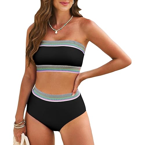 Pink Queen Tube Top Bikini Sets for Women Removable Strap Pad Color Block Two Piece Swimming Suit Swimwear
