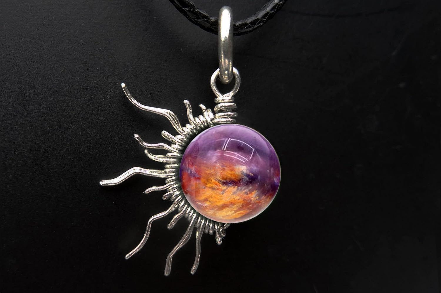 Auralite 23 Amethyst 1/2 Sunburst Wire Pendant- Black Niobium/Silver/Steel/Copper/Bronze/14K Gold, 14K Rose Gold- Pendant or Bracelet Charm - Purple Orange Red Gemstone Jewelry - Eclipse Necklace