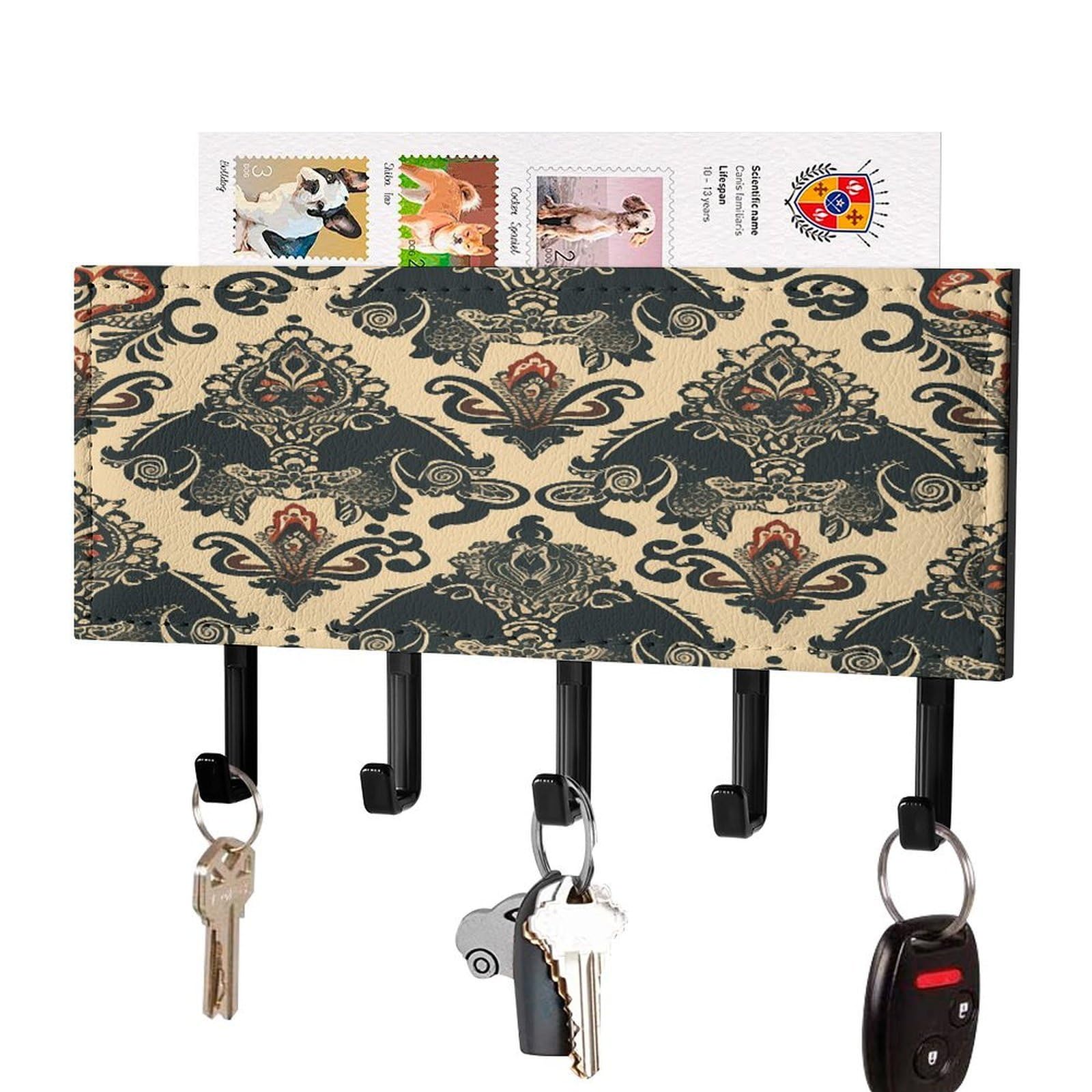 Fekiloot Black-Style Asian Elephants Key Holder Wall Mount Key Hanger With 5 Hooks Decorative Key Rack Hanging Key Hooks With Mail Organizer Key Holder For Wall Living Room Kitchen Bathroom Hallway Black