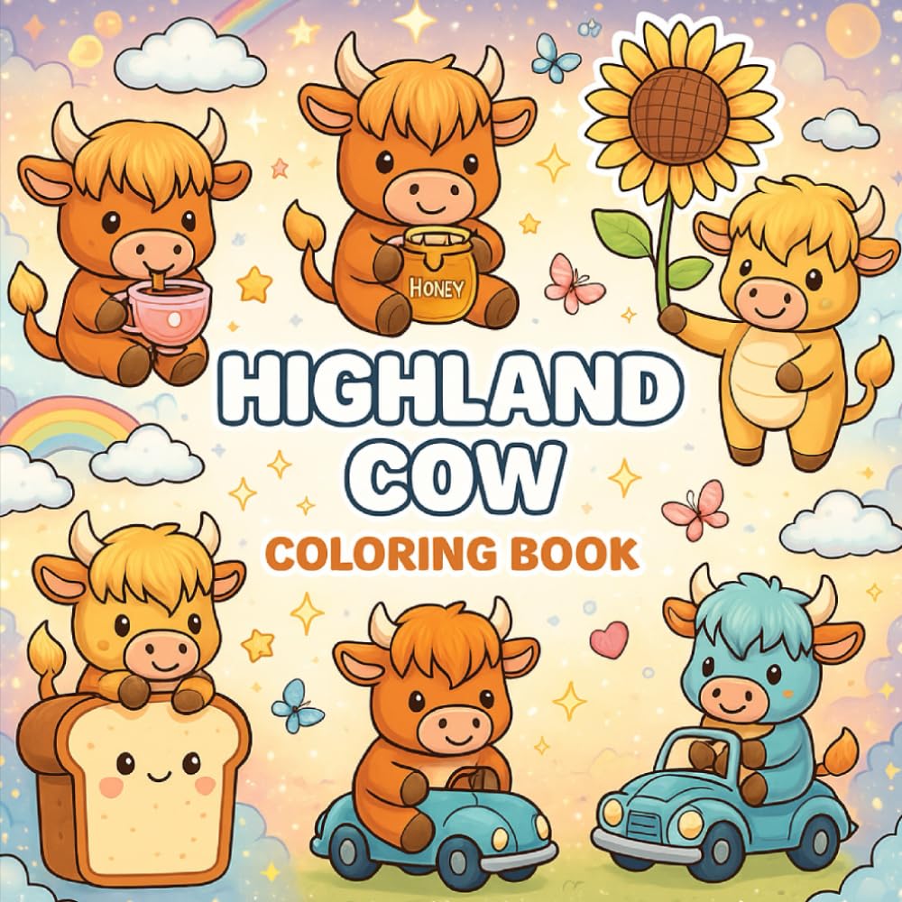 Highland Cow Coloring Book: Cute Highland Cows, Farm Scenes, Flowers, and Relaxing Coloring Pages for Kids, Teens & Adults