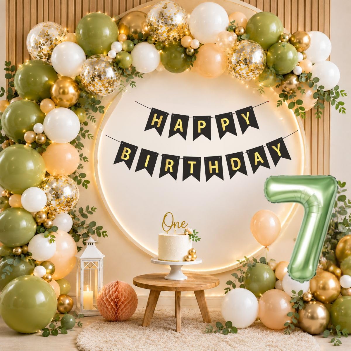 49 Pcs 7th Birthday Decoration Kit with Olive Green, Metallic, Conffeti Gold Balloon Combo Set-image-43